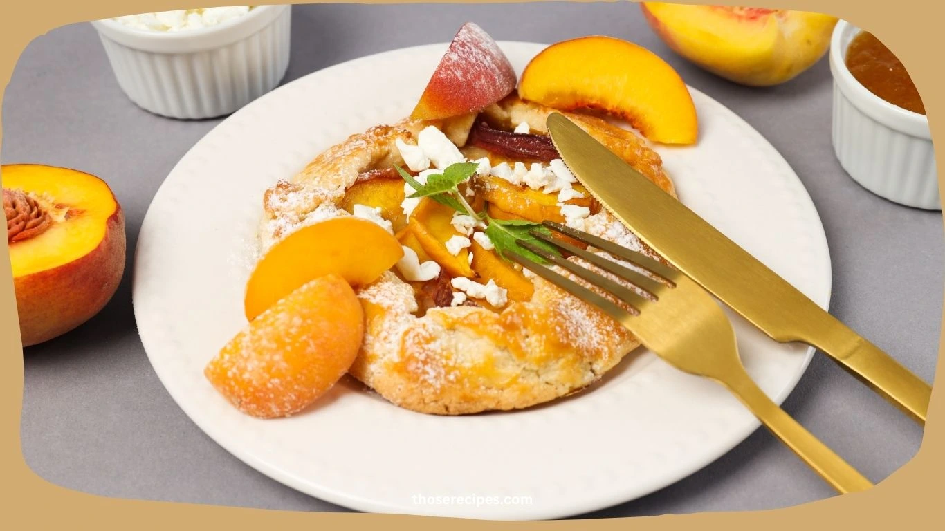 A slice of peach cobbler served on a white plate with a scoop of vanilla ice cream on top.