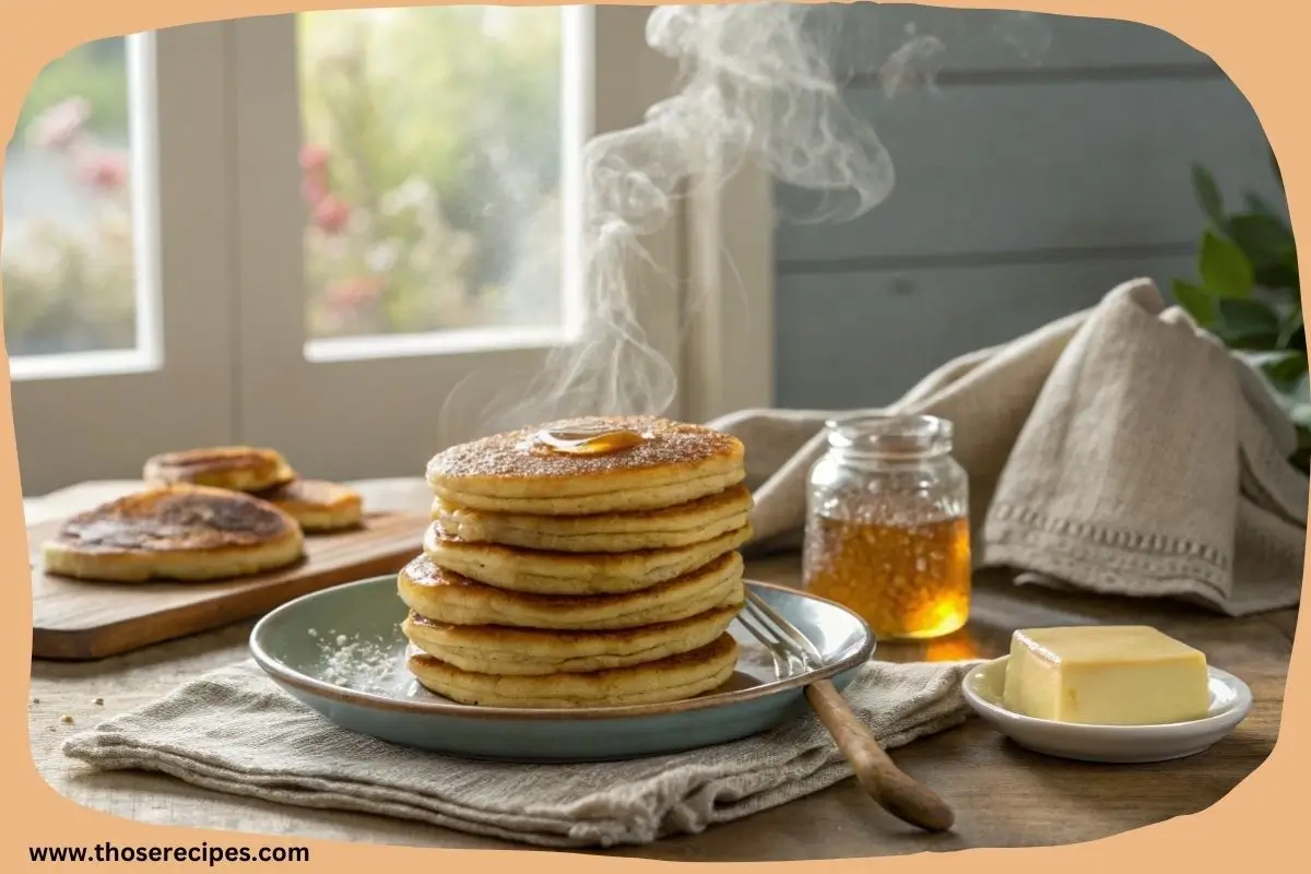 Freshly made stack of hoe cakes with honey and butter on a rustic kitchen table.