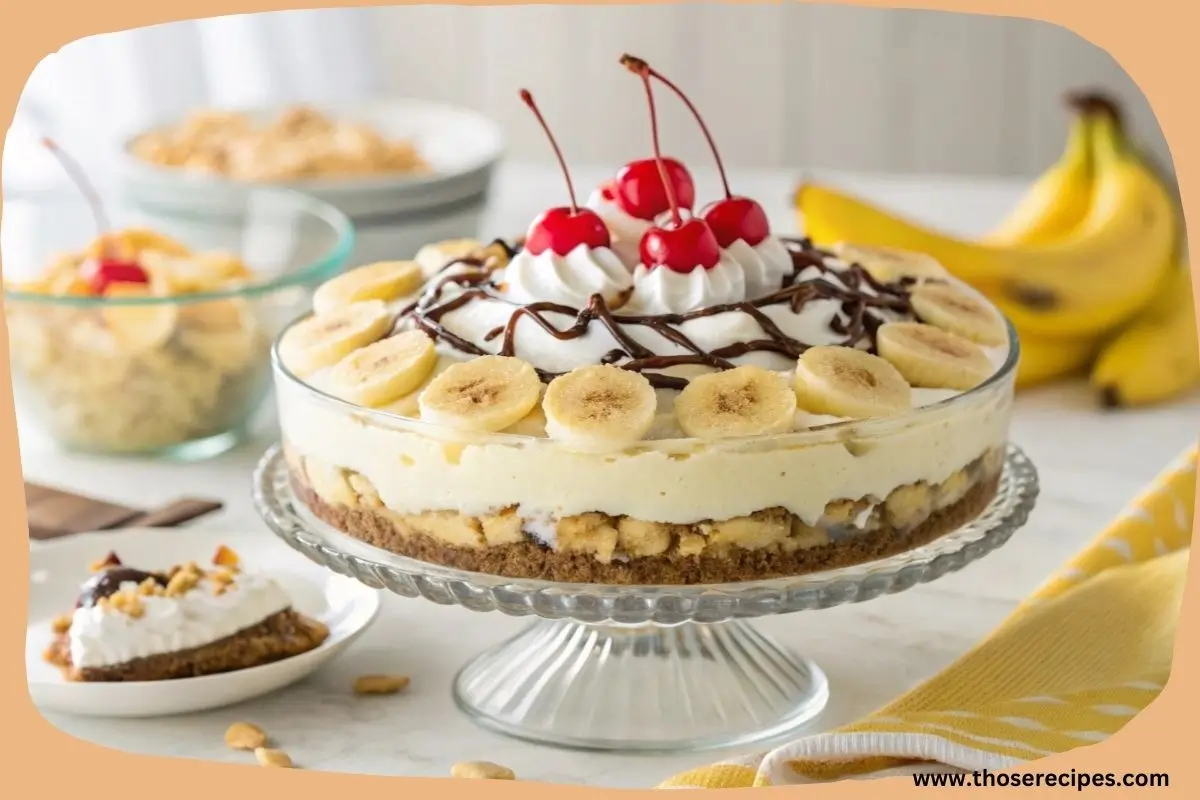 Layered no-bake banana split cake in a glass dish with whipped cream and cherries, displayed in a bright kitchen.