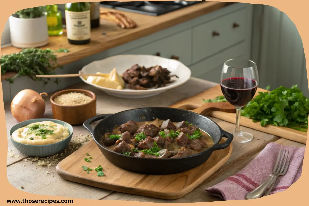 Rustic French kitchen scene with fresh ingredients and a plate of beef kidney recipe French rognon.