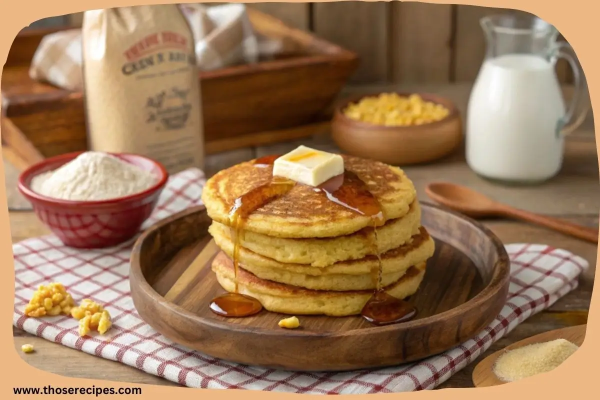 A stack of golden hoe cakes topped with butter and maple syrup on a rustic wooden plate.