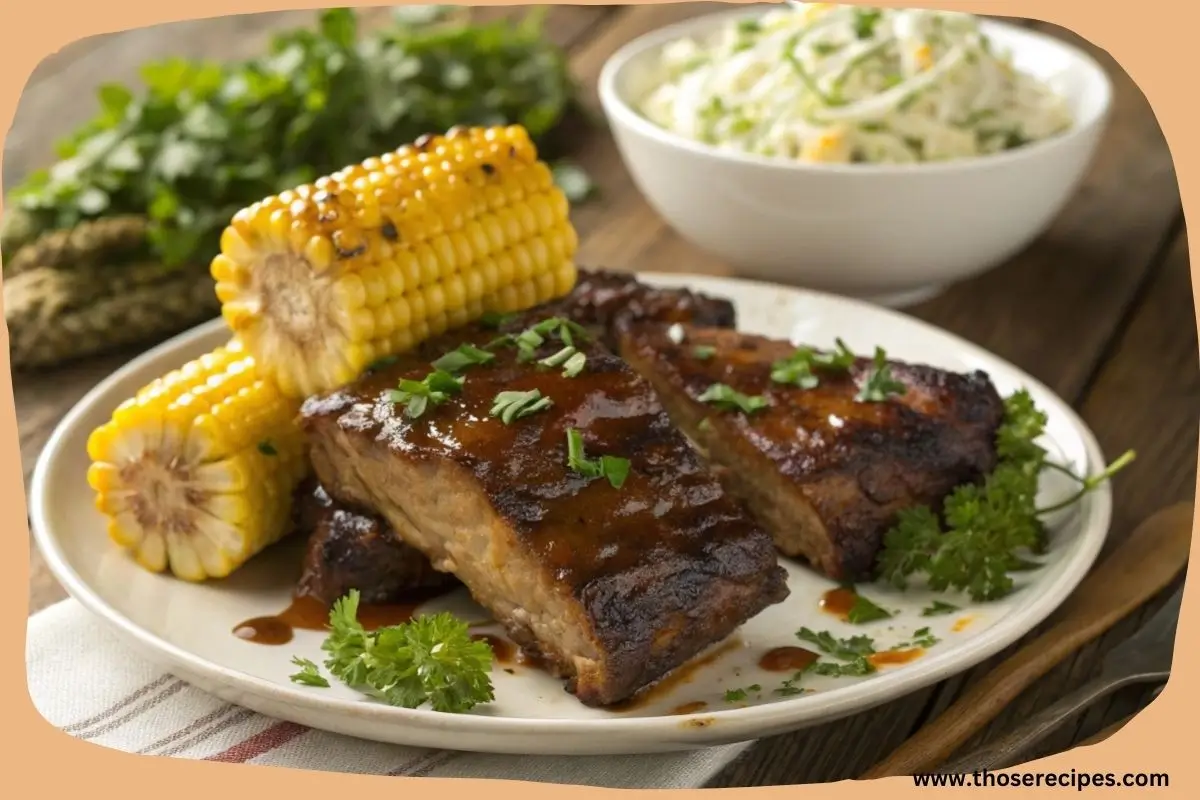 Country-style beef ribs glazed with barbecue sauce, served with grilled corn and coleslaw on a rustic wooden table.