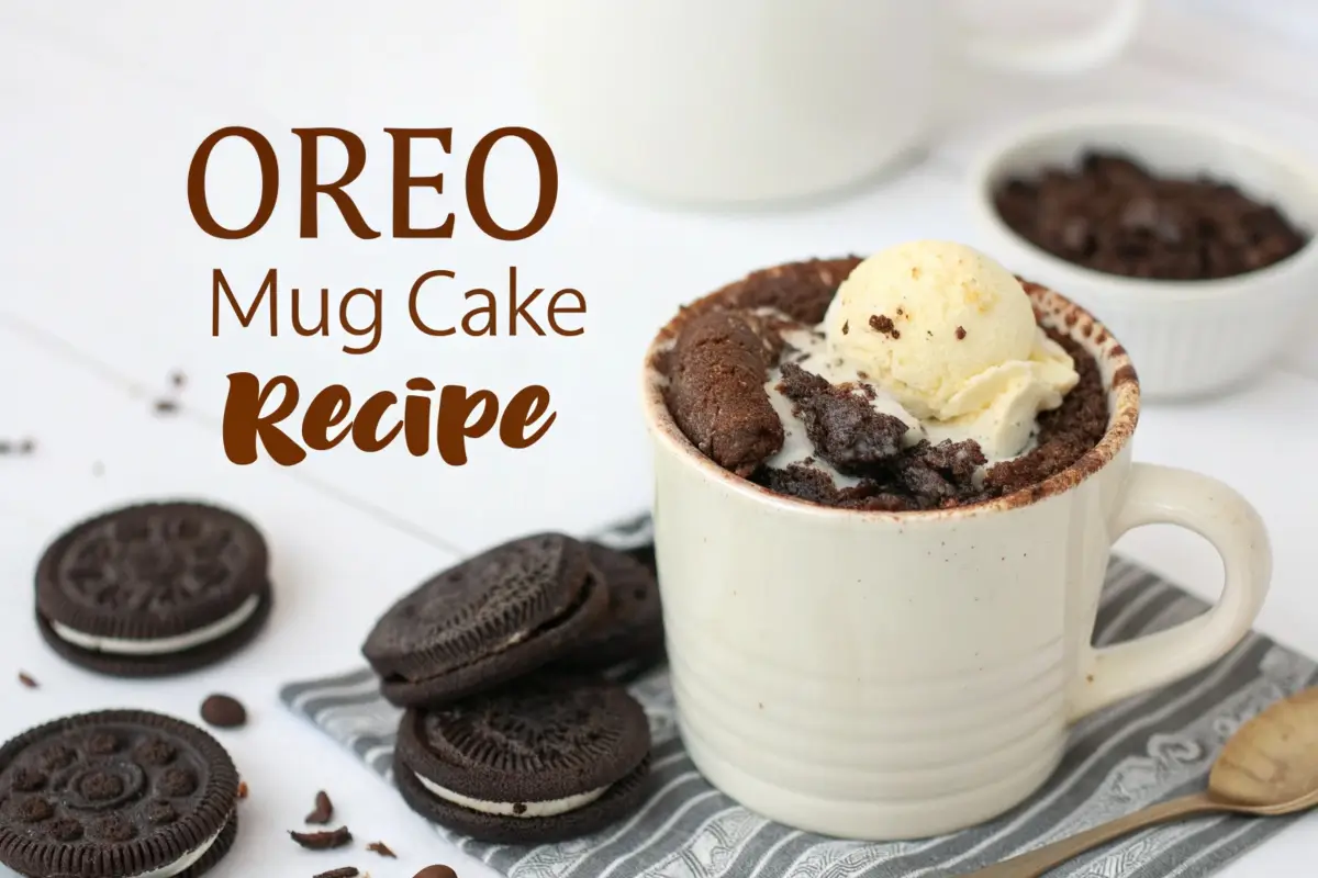 Close-up of an Oreo mug cake topped with crushed Oreos