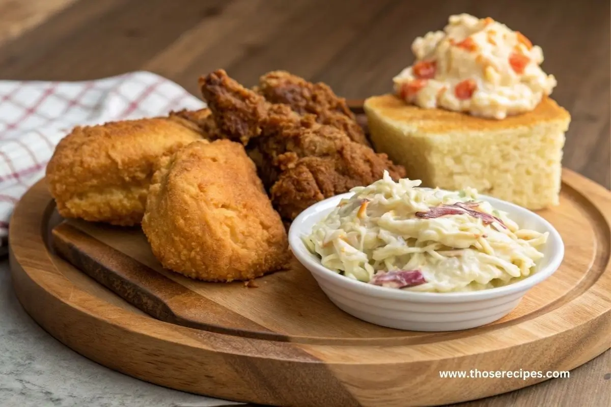 Chick-fil-A coleslaw served as a side dish with fried chicken and cornbread on a rustic platter.