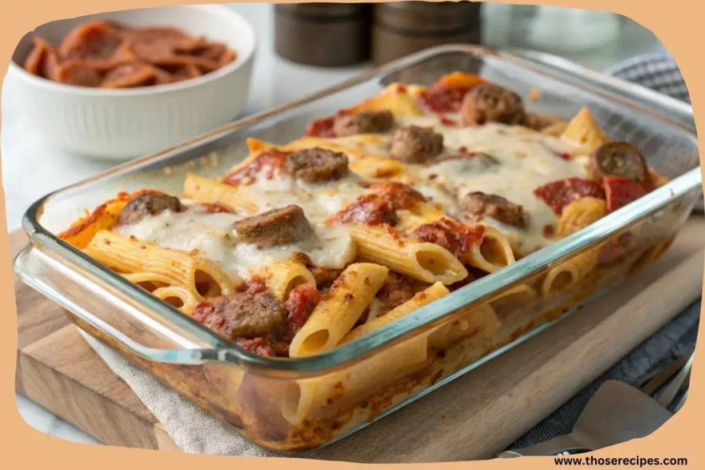 Cheesy pasta bake with penne, meat sausages, and marinara sauce in a glass dish.