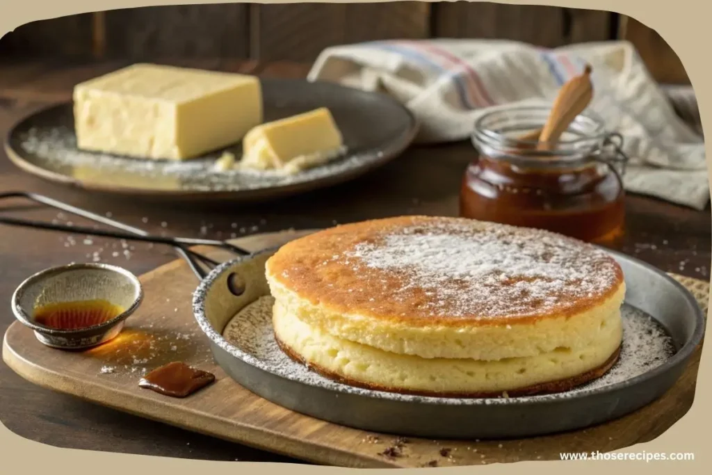 cake served with butter, syrup, and fresh fruit on a plate