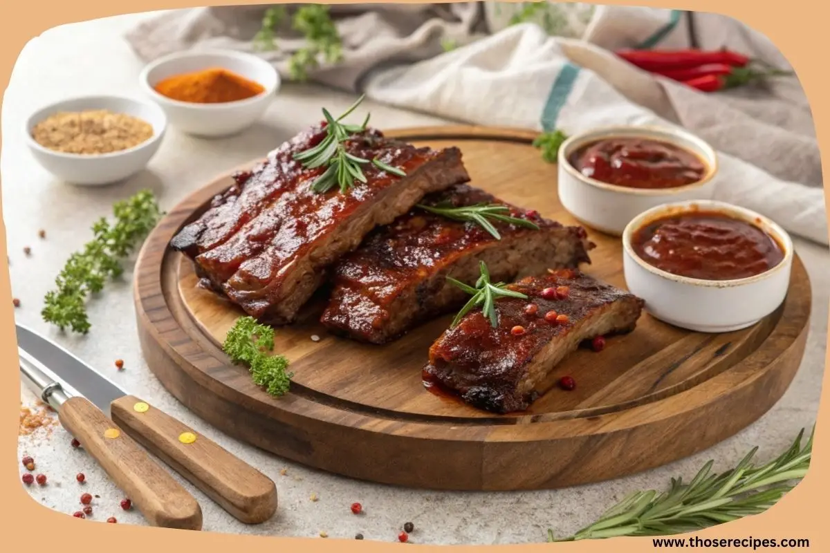 Juicy boneless beef ribs glazed with barbecue sauce on a wooden platter