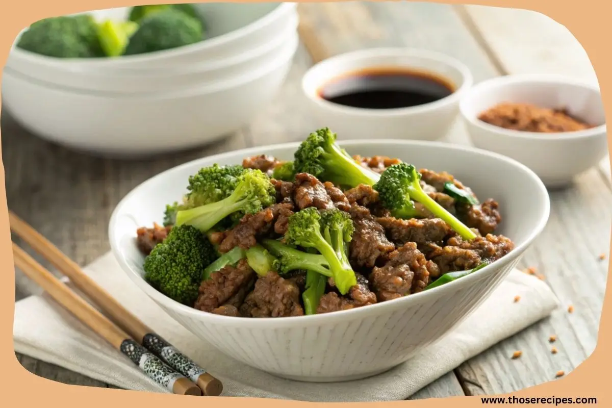 A bowl of ground beef and broccoli stir-fry with soy-based sauce on a wooden table, garnished and served with chopsticks.