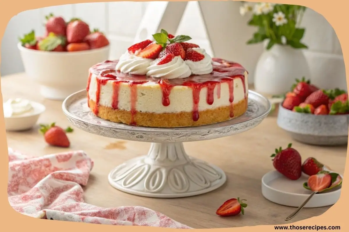 A show-stopping strawberry poke cake on a cake stand with whipped cream, strawberry slices, and syrup, styled in a modern kitchen.