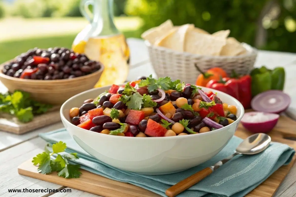 Close-up of a dense bean salad with kidney beans, black beans, chickpeas, bell peppers, and red onions.