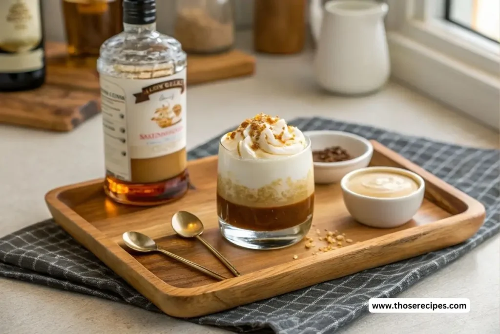 A non-alcoholic buttery nipple recipeand chocolate swirl drink in a small glass, served on a wooden board with a side of cocoa powder and caramel drizzle.