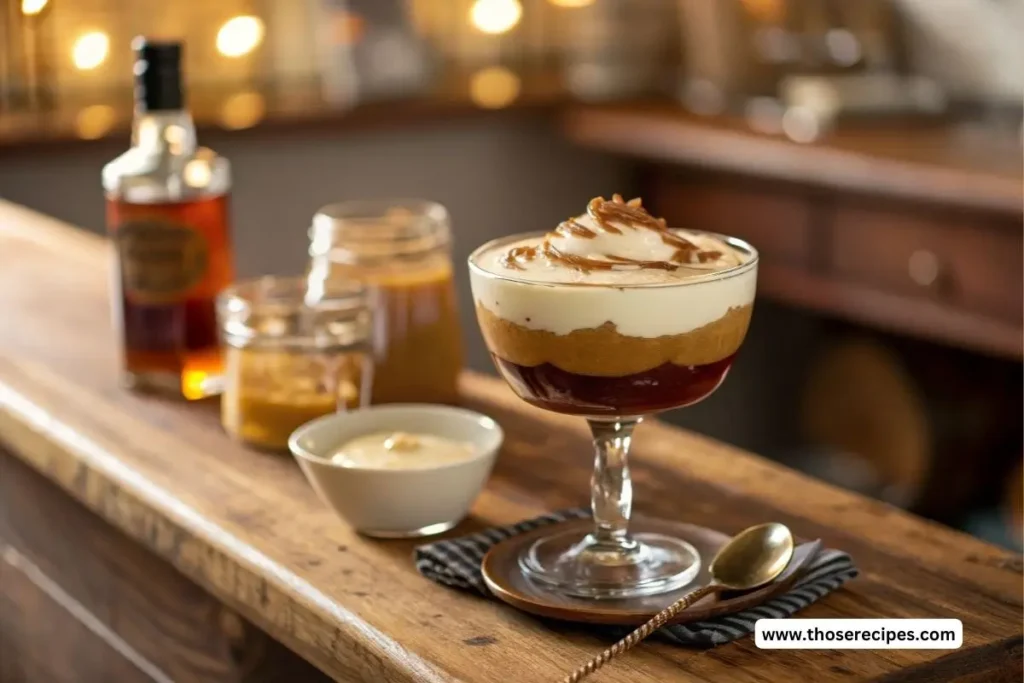 A serving tray with multiple glasses of non-alcoholic buttery nipple recipedrinks, accompanied by cookies and fresh fruit on a dining table.