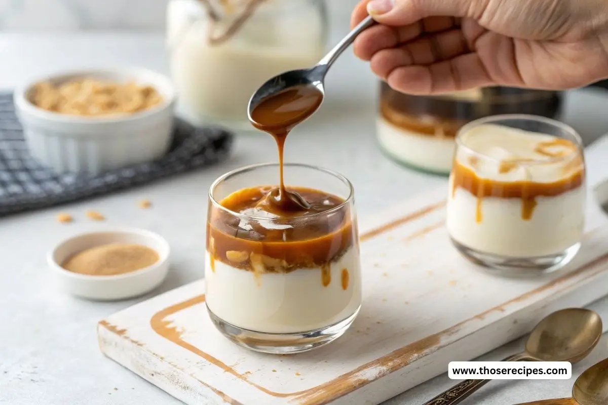 A neatly organized refrigerator shelf with labeled jars of butterscotch syrup, condensed milk, and a pre-mixed non-alcoholic drink.