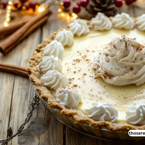 A creamy holiday eggnog pie recipe with whipped cream and nutmeg on a rustic wooden table, surrounded by cinnamon sticks, pinecones, and festive decorations.