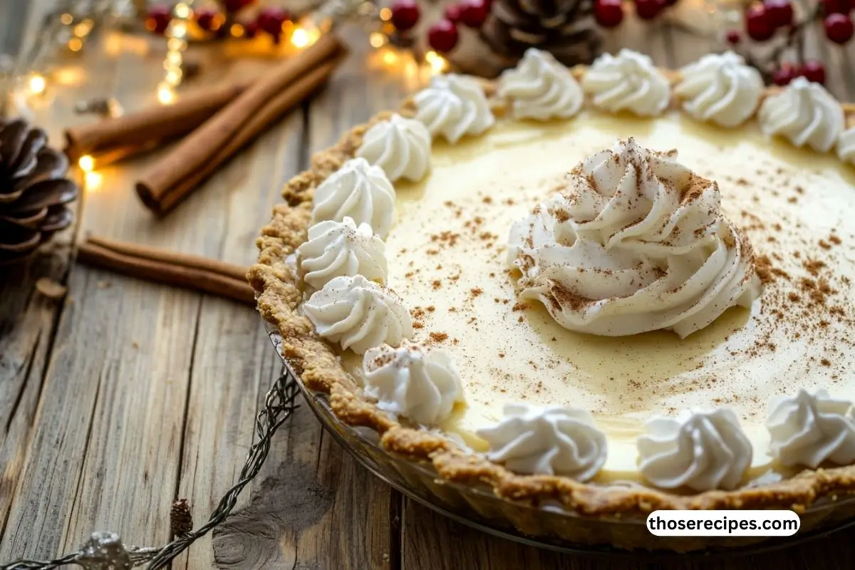 A creamy holiday eggnog pie recipe with whipped cream and nutmeg on a rustic wooden table, surrounded by cinnamon sticks, pinecones, and festive decorations.