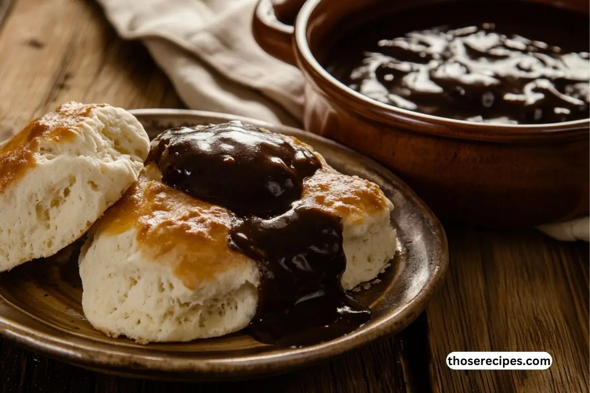 A plate of warm biscuits covered with smooth, glossy chocolate gravy in a cozy kitchen setting, chocolate gravy recipe