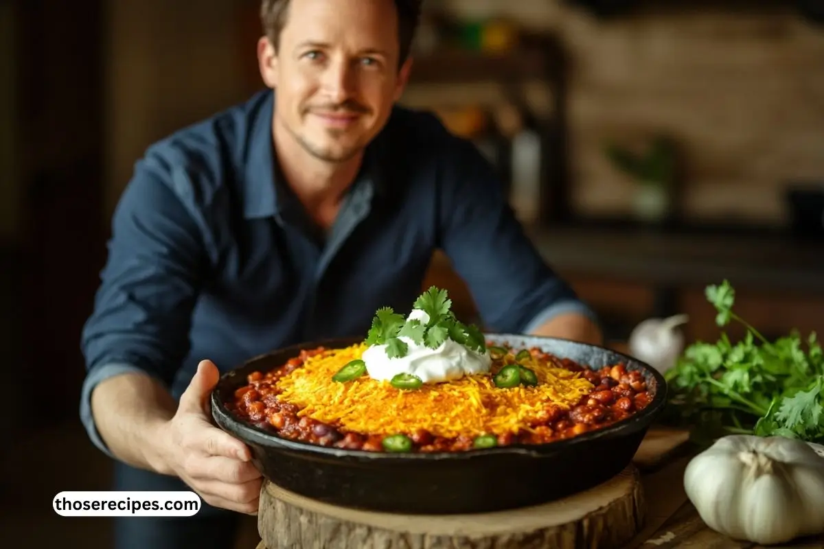 A freshly baked cornbread cornbread topped chilli pie chile madness recipe in a cast-iron skillet, topped with melted cheese, fresh cilantro, and a dollop of sour cream, sitting on a rustic wooden table.