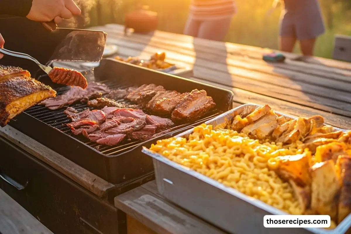 Outdoor Southern BBQ gathering with grilled meats, cheese-covered side dishes, and a vibrant sunset setting,southern bbq meals with cheese recipe.