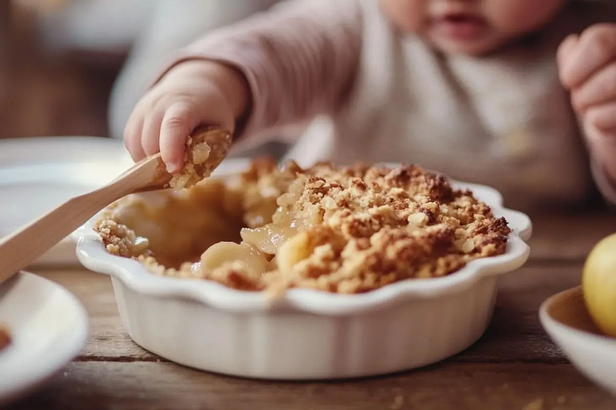 A warm, apple crumble recipe for baby -friendly dish, with a tiny hand reaching for it on a wooden table.