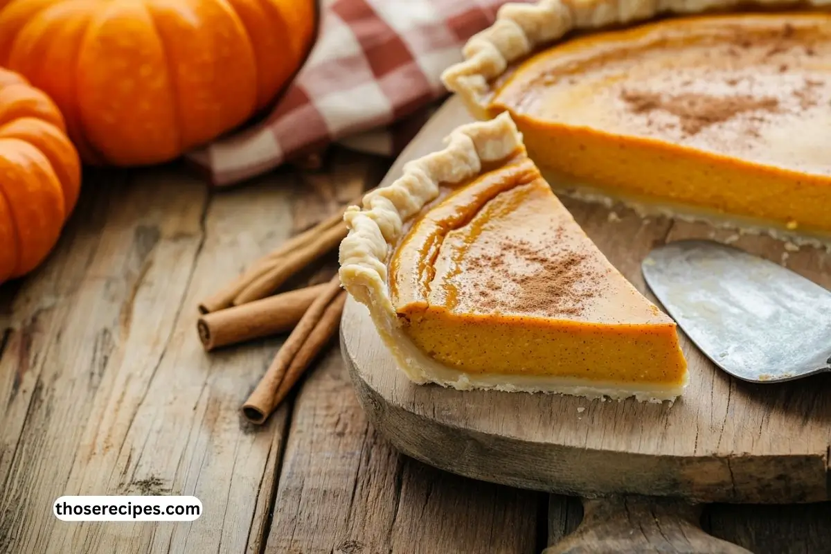 pumpkin pie recipe condensed milk, a freshly baked pumpkin pie with a golden-brown crust, set on a rustic wooden table, garnished with cinnamon.