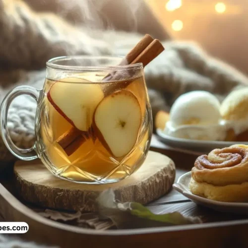 apple pie moonshine drink recipes, A steaming mug of apple-spiced drink served with a cinnamon stick and a slice of apple, accompanied by cinnamon rolls and vanilla ice cream.