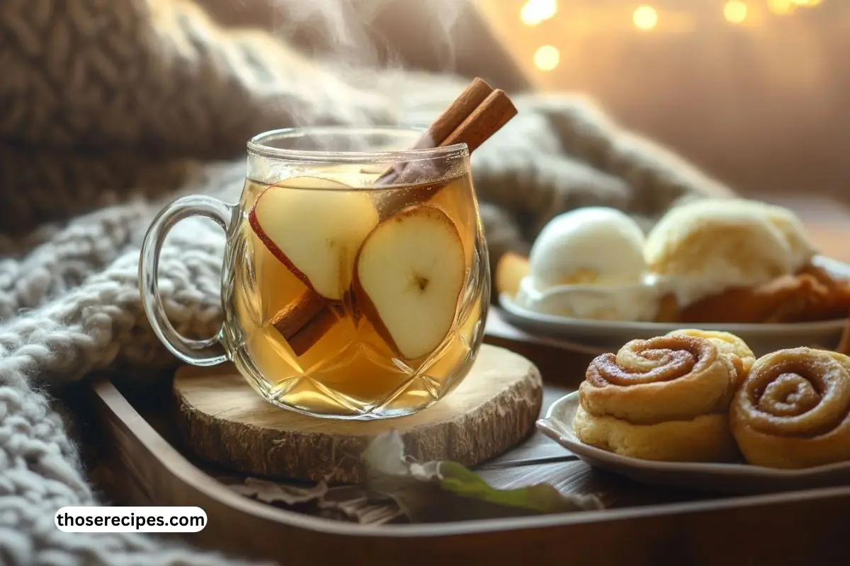 apple pie moonshine drink recipes, A steaming mug of apple-spiced drink served with a cinnamon stick and a slice of apple, accompanied by cinnamon rolls and vanilla ice cream.