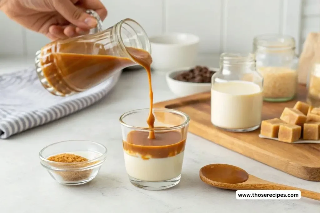 A creamy, caramel-colored non-alcoholic buttery nipple recipe served in a small glass on a wooden tray, with butterscotch syrup and sweetened condensed milk in the background