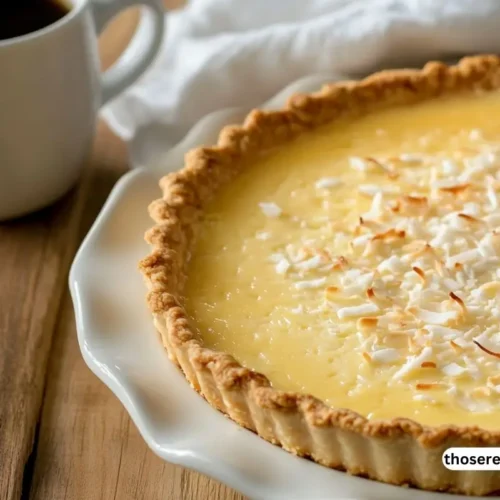 A close-up of a freshly baked coconut custard pie with a smooth, golden-brown crust and coconut flakes on top.