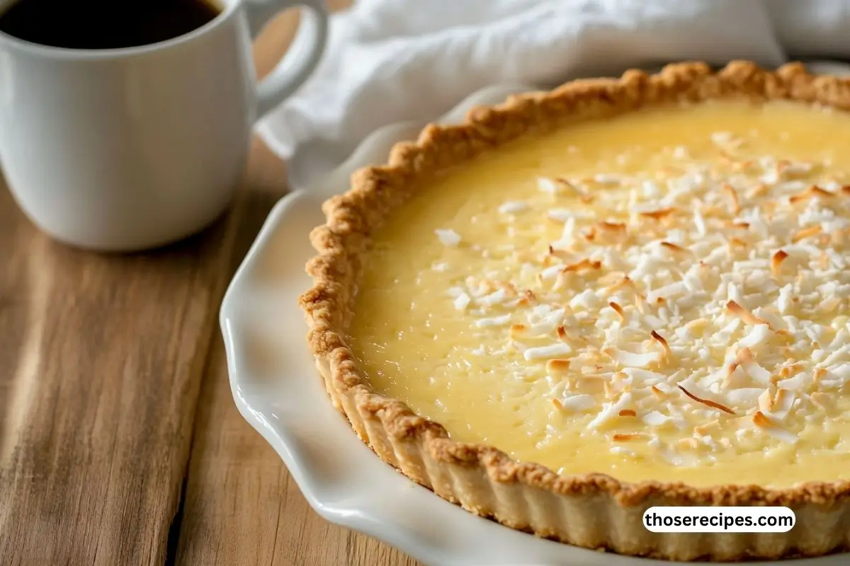 A close-up of a freshly baked coconut custard pie with a smooth, golden-brown crust and coconut flakes on top.