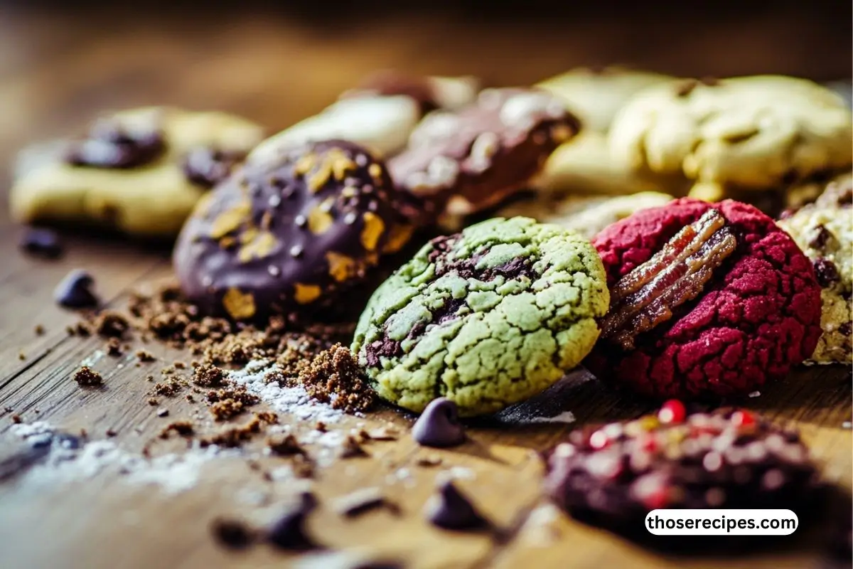 A variety of freshly baked cookies with unique flavors such as matcha, red velvet, and chocolate bacon, arranged on a rustic wooden table.