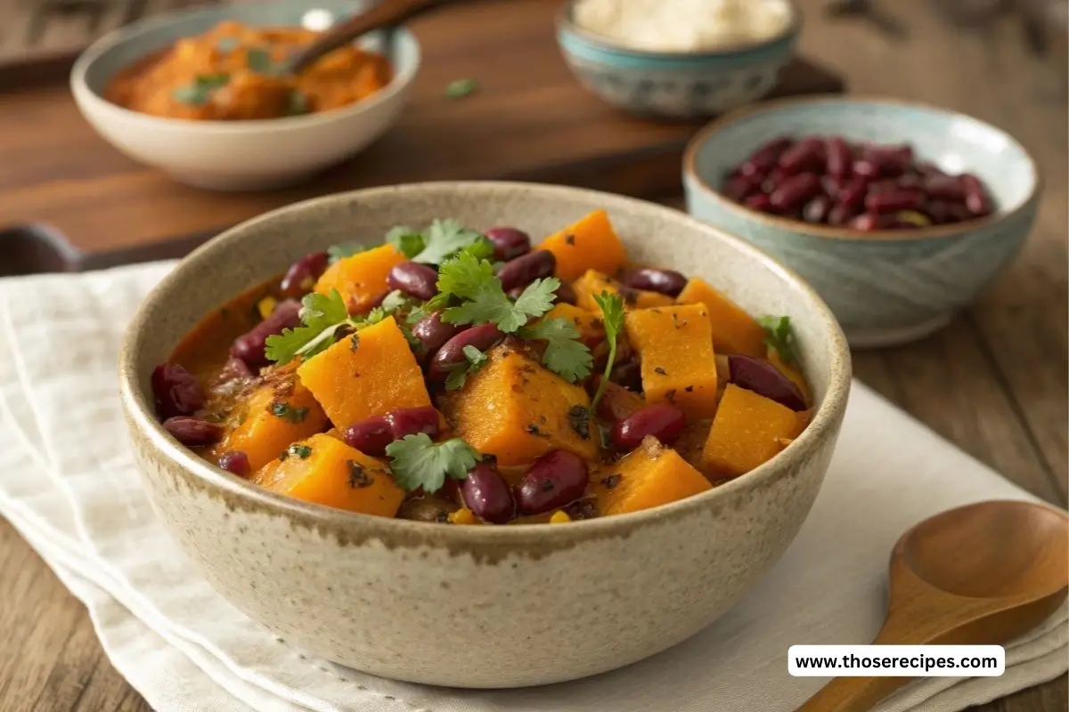 A bowl of squash and kidney beans stew, garnished with fresh herbs and spices, served on a rustic wooden table, recipe squash and kidney beans