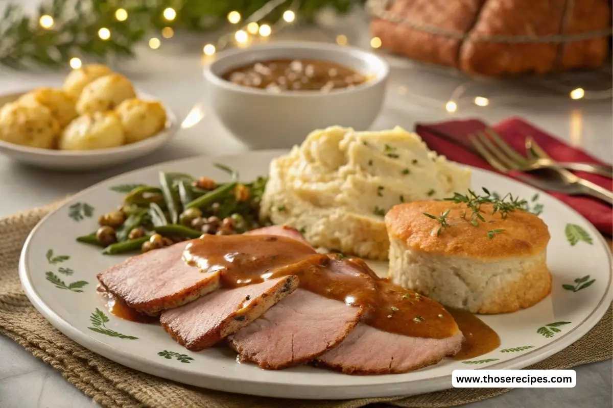 A holiday meal with sliced ham drizzled in savory gravy, alongside mashed potatoes, biscuits, and cornbread on a festive dinner table.