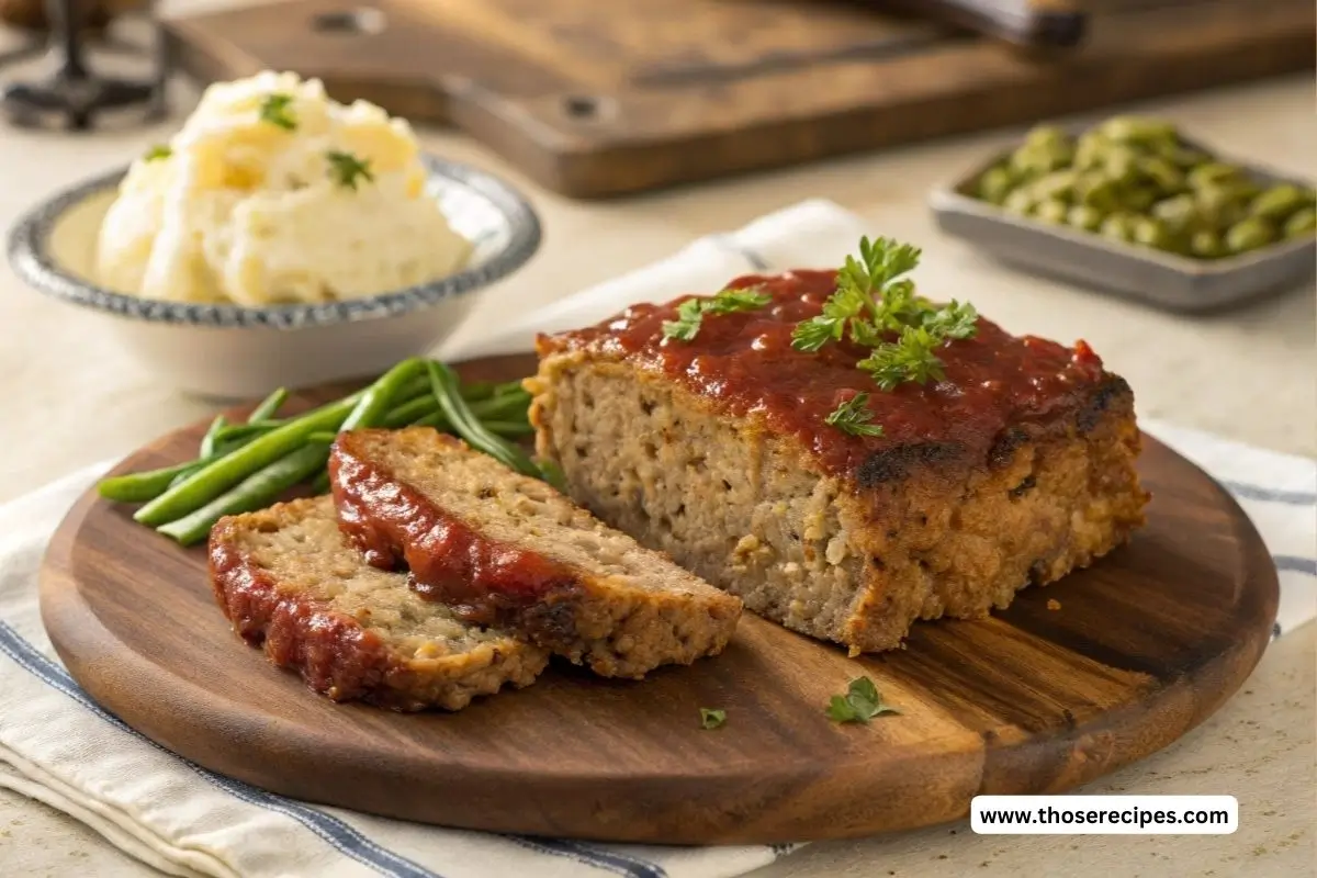 A beautifully glazed meatloaf recipe creole served with mashed potatoes and green beans on a rustic wooden board.