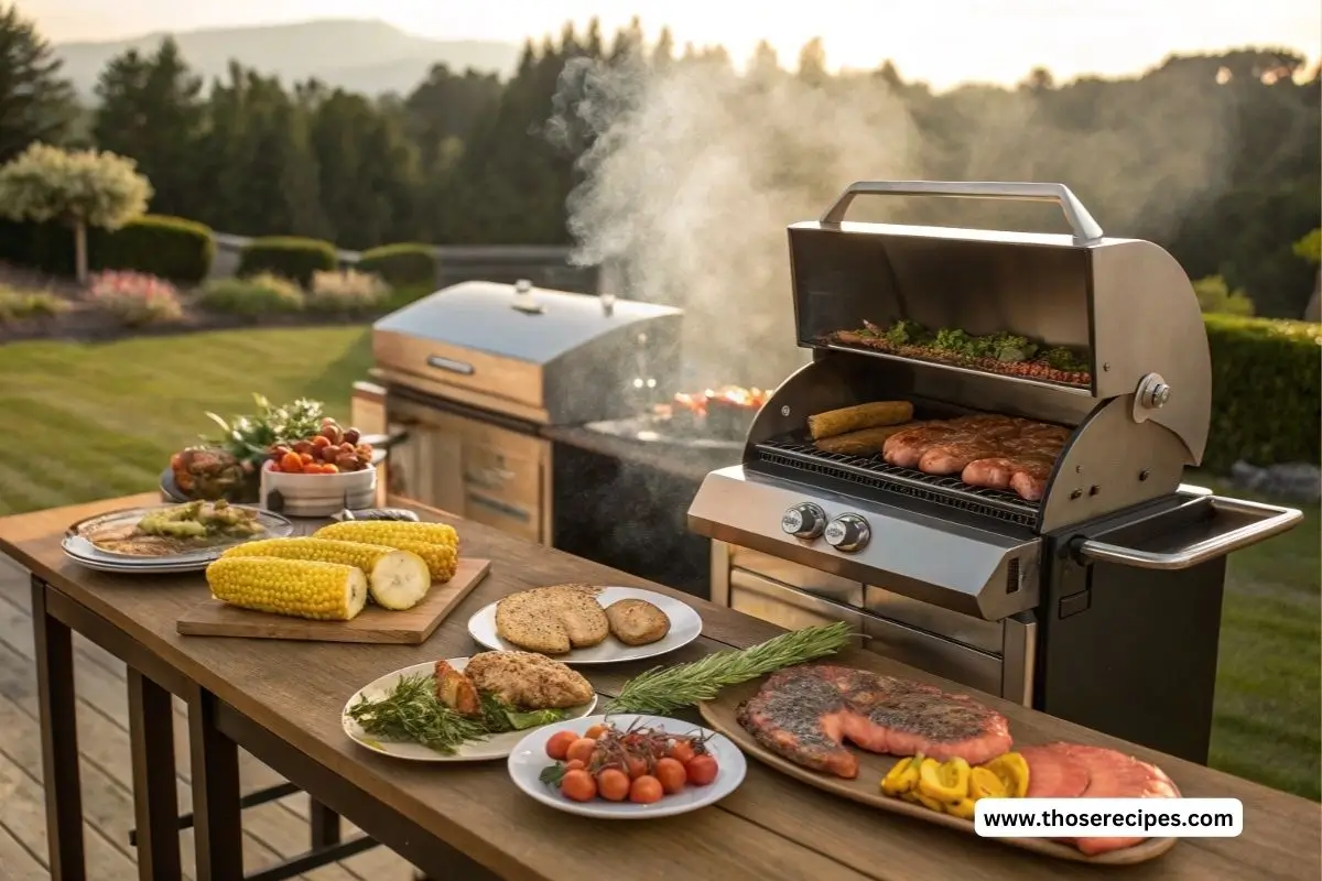 A modern pellet grill surrounded by plates of smoked ribs, grilled chicken, corn on the cob, and peach slices in a sunny backyard.