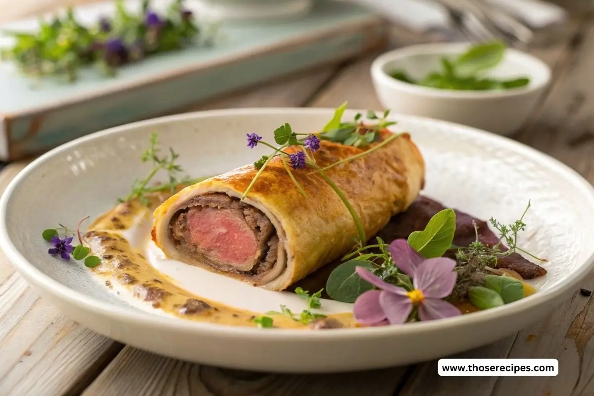 A beautifully presented beef wellington crepe recipe with golden pastry and fresh garnish.