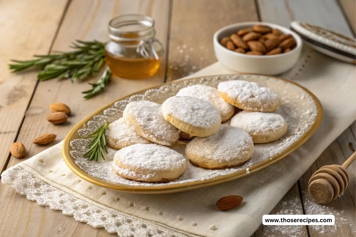 Traditional Italian ricciarelli honey recipe on a rustic wooden table with honey and almonds.