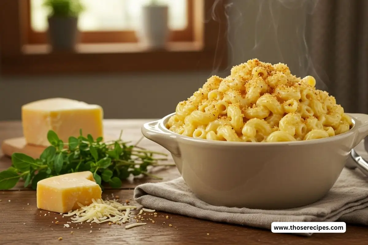 union mac recipe, a steaming bowl of creamy macaroni and cheese with grated cheese and fresh herbs on a wooden table.