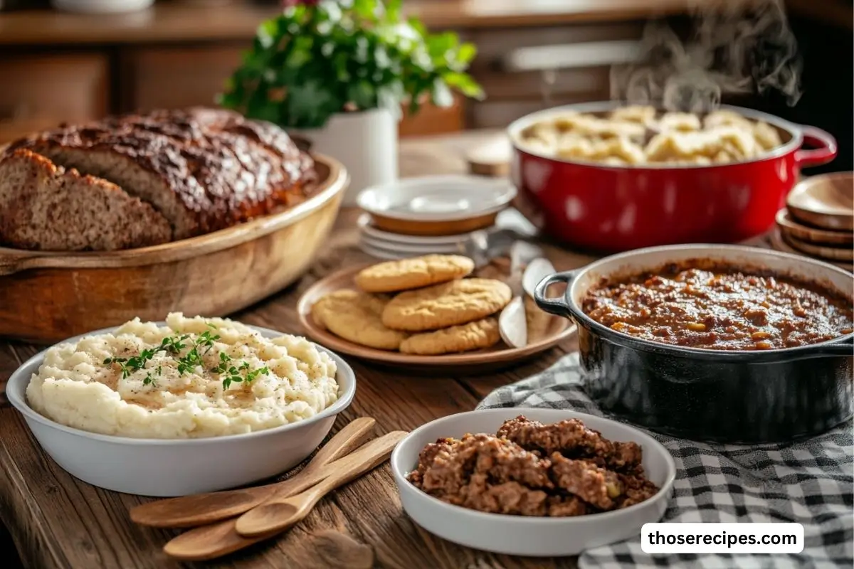 A rustic kitchen table filled with homemade comfort food dishes like meatloaf, mashed potatoes, cookies, and soup in a cozy kitchen setting.