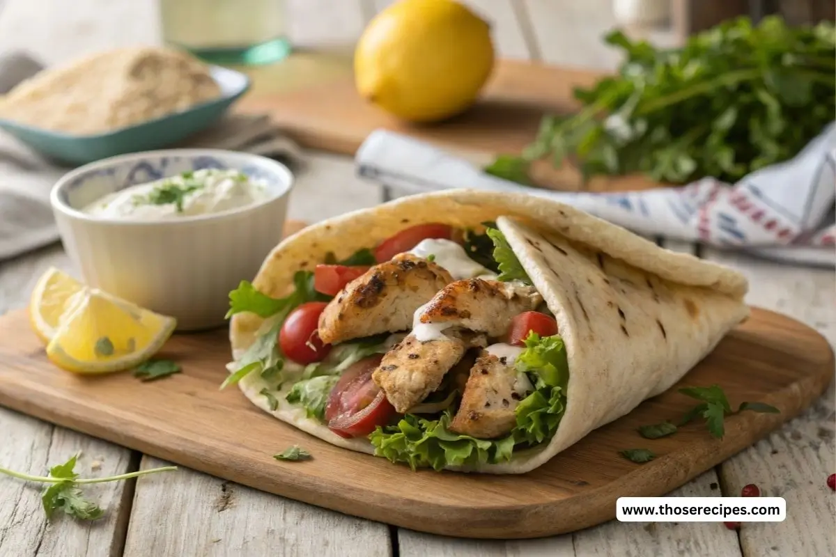 chicken pita recipe a mediterranean-style pita wrap filled with grilled chicken, fresh vegetables, and tzatziki sauce, served on a rustic wooden table with a side of hummus and lemon wedges.