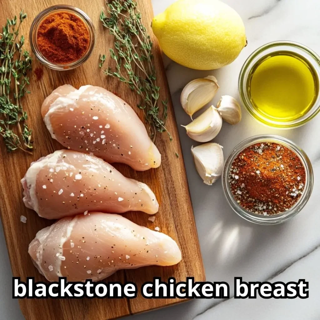Raw boneless chicken breasts with olive oil, spices, lemon, and fresh herbs ready for marinating.