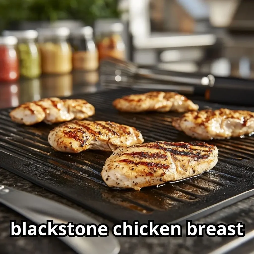Chicken breasts sizzling on a hot Blackstone griddle with golden grill marks and cooking tools nearby.