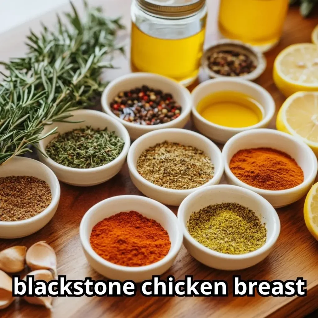 Assortment of spices, citrus juices, and fresh herbs arranged on a wooden countertop for seasoning grilled chicken.