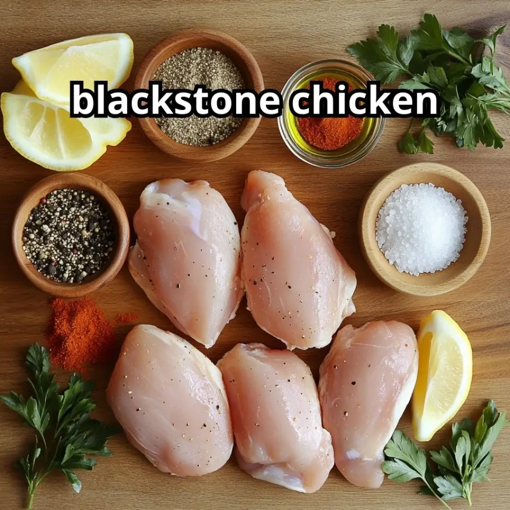 Flat lay of ingredients for Blackstone chicken including chicken breasts, spices, and herbs