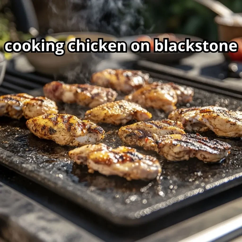 cooking chicken on blackstone cuts including breasts, thighs, and wings cooking evenly on a Blackstone griddle with visible sear marks.