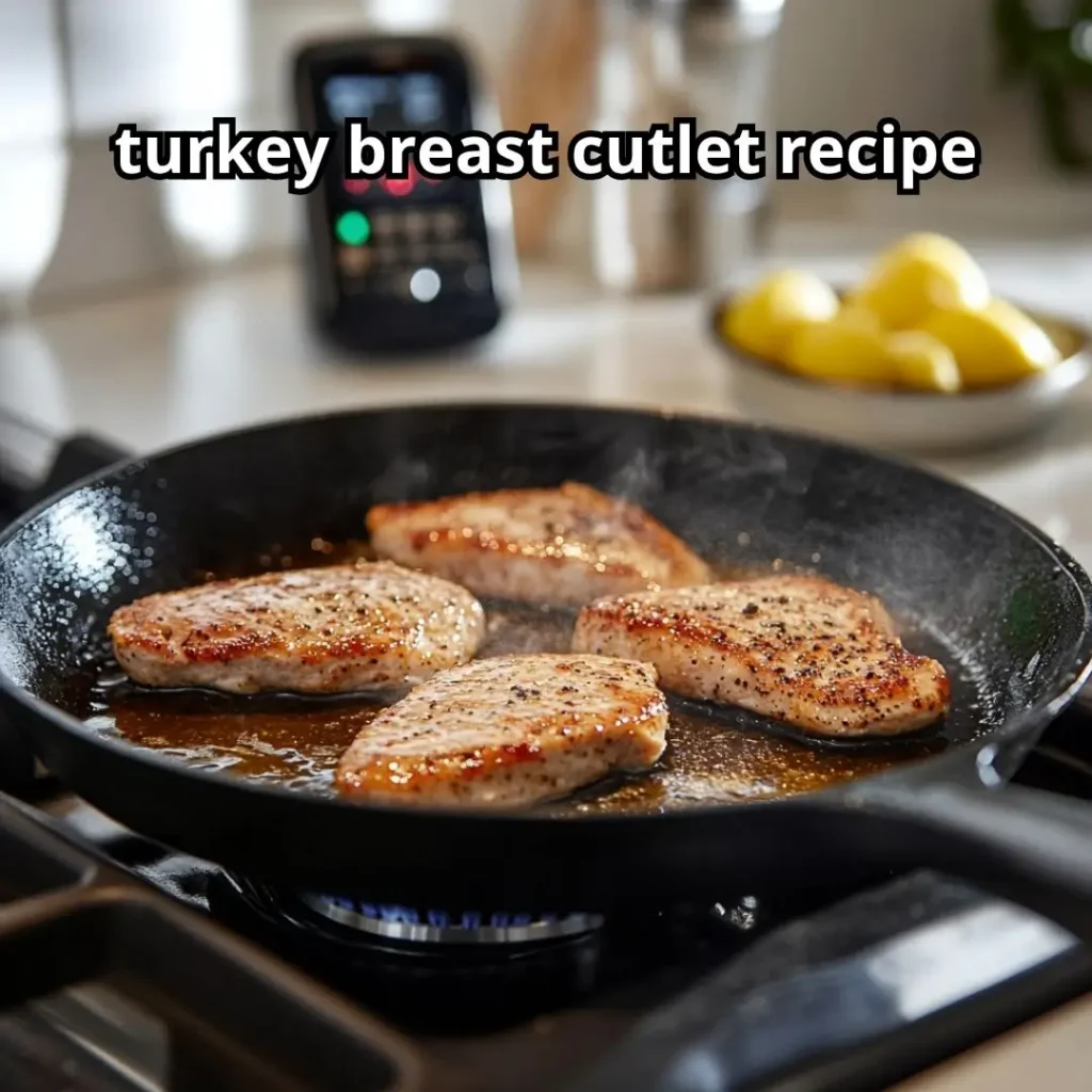 Golden turkey breast cutlet recipe cutlets cooking in a cast-iron skillet with olive oil and butter, steam rising as they sizzle.