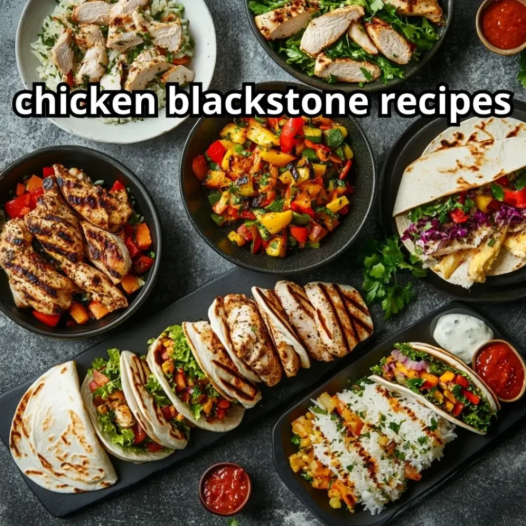 Assorted chicken dishes including wraps, rice bowls, and sandwiches, artfully plated with vegetables and herbs, chicken blackstone recipes