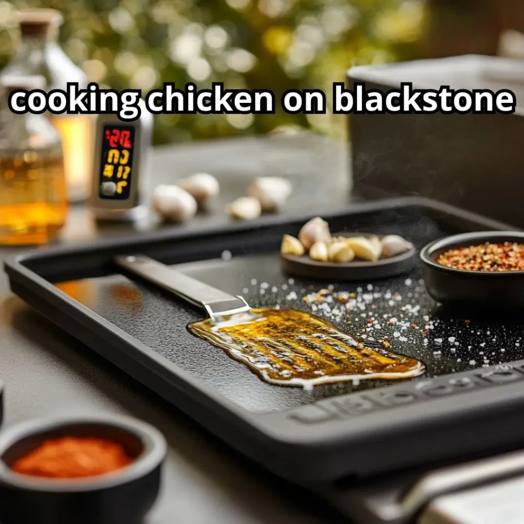 cooking chicken on blackstone Blackstone griddle preheating with olive oil being spread evenly, digital thermometer showing medium-high temperature.
