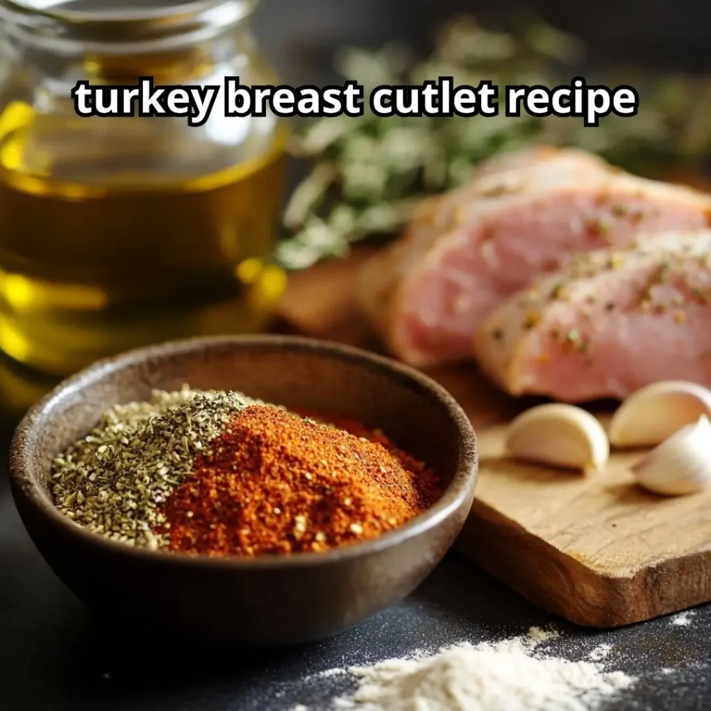 Herbs and spices including paprika, garlic powder, and rosemary next to raw turkey breast cutlets and olive oil on a kitchen counter.