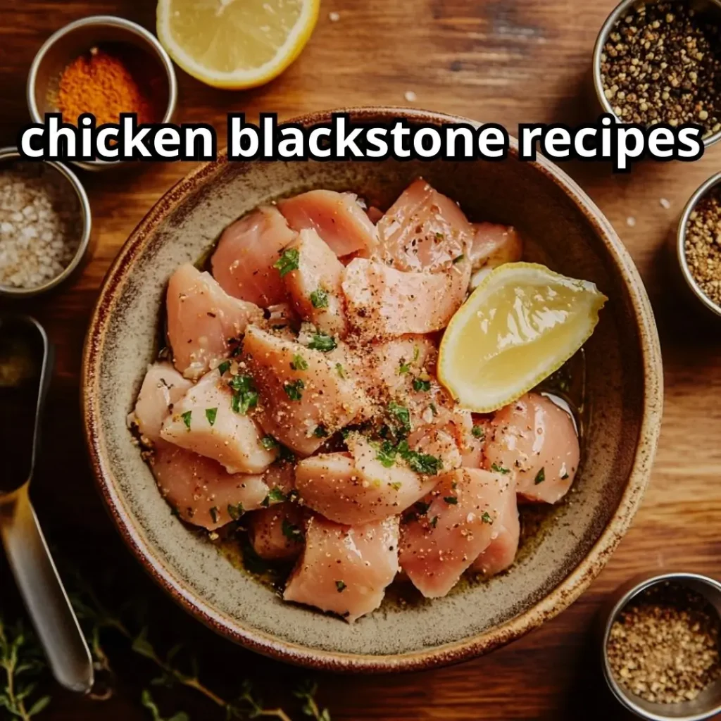 Bowl of sliced raw chicken blackstone recipes marinating in olive oil, lemon juice, and herbs with spices laid out on a kitchen counter.