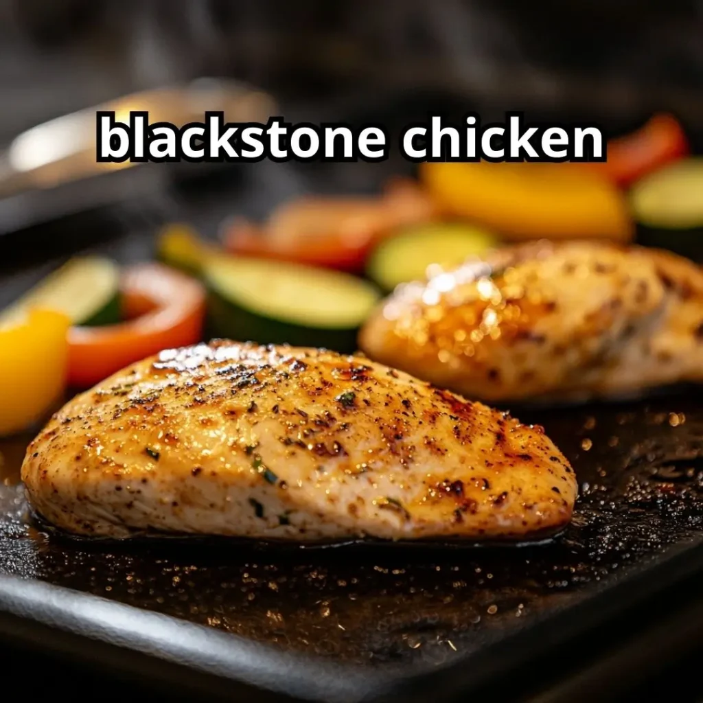 Chicken breasts with sear marks grilling on a hot flat top griddle beside vegetables